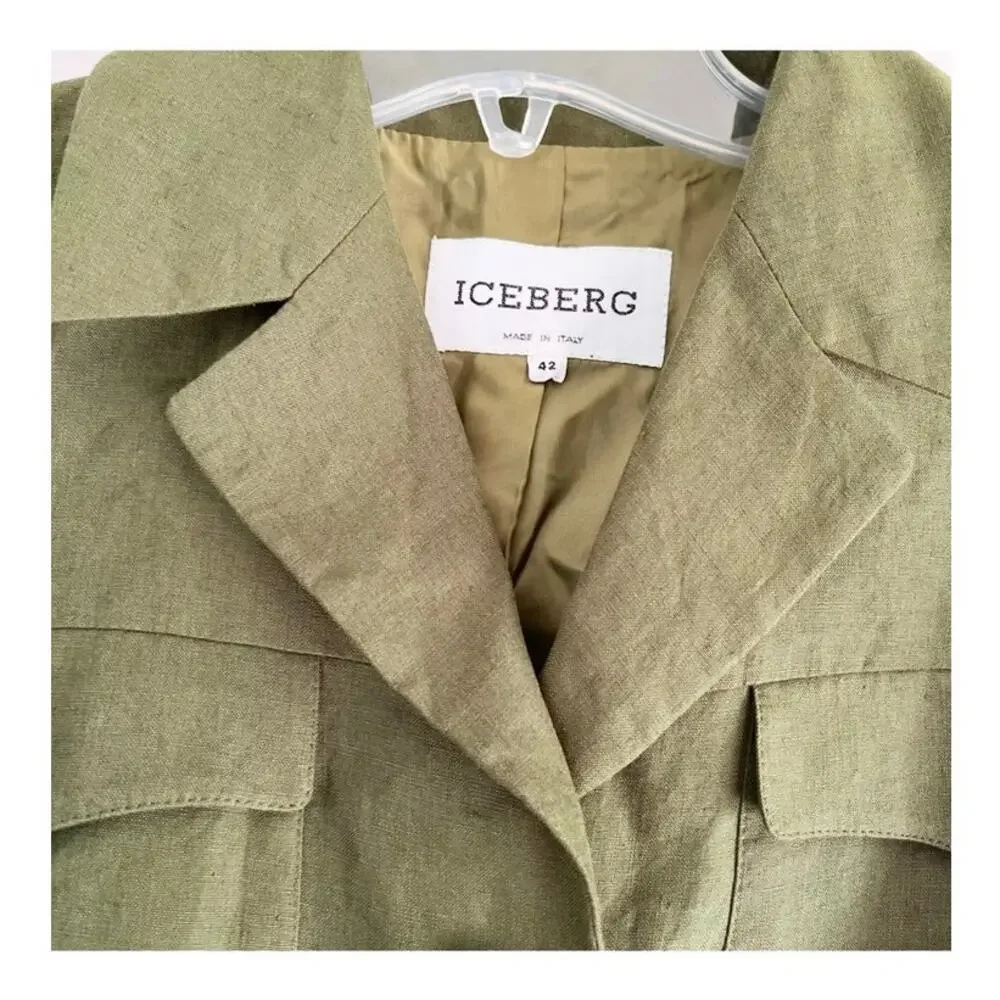 Iceberg Army Green 100% Linen Button Front Utilitarian Blazer Jacket Size IT 42